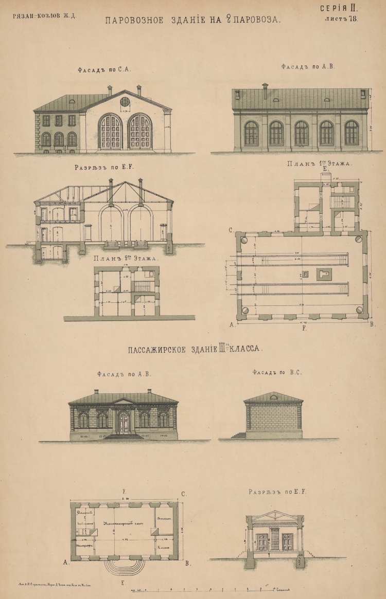 1872 091 Рязанско Козловская ж. д. Паровозное здание на 2 паровоза и ст. III класса 
